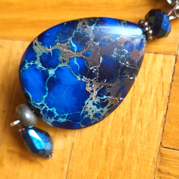 Handmade Steampunk Blue Imperial Jasper Teardrop Necklace and Earrings - Picture 6 of 12